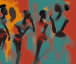 an abstract painting with figures of three African women dancing