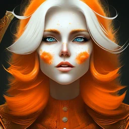 fantasy setting, woman, orange and white hair, wavy hair, freckles, ranger, more orange hair, more white hair, longer white hair, brown clothes