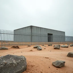 Photograph, wasteland, reflective aluminum fence, Truman show, brutalist concrete architecture, rocce, grey sky, liquid, polvere, red spot, open air museum style, wires, apparecchi elettronici, powder, minimalist, details of the dust very accentuated, deep 3d field