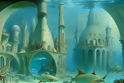 a fantastic underwater city with arches and domes by artists "Leonora Carrington" and "Piranesi"