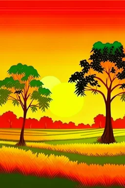 Trees，Warm color palette，The grasshopper stood on the rice field