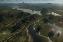 Extreme long shot, Birds Eye view, amazonas skyline, smooth, god rays, unreal engine 5, ray tracing, RTX, lumen lighting, ultra detail, volumetric lighting