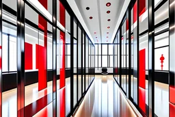 Circulation wide corridor with one side wood partition without touching ceiling and one side glass facade, Japanese style, black and white with red