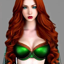 realistic, hyper detailed, strikingly beautiful teen woman, long ginger hair, green eyes, medium freckles, full lips, fantasy skimpy chain mail, full body and head, exposed b-cup breasts, ahego expression, full frame, petite, ignore NSFW, shortbow, quiver on hip, sexy