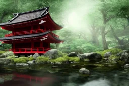 a ancient japanese temple in the middle of a forest mear a small river, extremely highly detailed, high quality, 8k hdr, octane render, unreal engine 5, hyperrealistic, concept art, trending on artstation, dramatic lighting, cinematic, high coherence, path tracing, ruins, clouds in the sky, singular building, centered