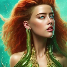 portrait head Amber Heard Aquaman curly red hairs under the green sea