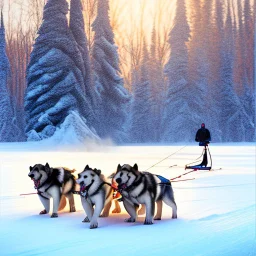 Create an image of sledge dogs that drag a sled in the snowy expanses of Alaska on which sit four Eskimo children dressed in white bear fur coats, the sled makes deep tracks in the snow, in the background of his circle in front of which stands an Eskimo hunter with a catch of fish, afternoon photo, outdoor photo, photo Realistic, 18K, wide lens