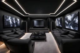 a black themed dedicated home cinema room with LED ambient lighting in the walls make sure the room is completely symmetrical