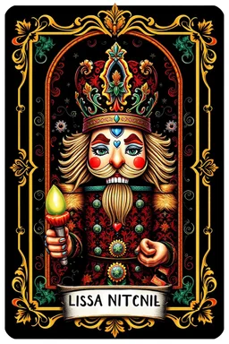 Centered, Ornate, Collectable Trading Card of lisa frank pattern fantasy character portrait of Crisp Digital Art, holiday nutcracker by Aleksi Briclot, T-Shirt Design, Black Background, Detailed Frame, Border, in SNES arcade game, ultra realistic, wide angle, intricate details, retro Nintendo bitmap pixel art, highly detailed by peter mohrbacher, wayne barlowe, , hajime sorayama aaron horkey, gaston bussiere, craig mullins
