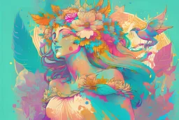 A detailed illustration a print of a vintage goddess, large colorful flower splash, t-shirt design, in the style of Alphonse Mucha, colorful tropical flora pastel tetradic colors, 3D vector art, cute and quirky, fantasy art, watercolor effect, bokeh, Adobe Illustrator, hand-drawn, digital painting, low-poly, soft lighting, bird's-eye view, isometric style, retro aesthetic, focused on the character, 4K resolution, photorealistic rendering, CMYK, using Cinema 4D