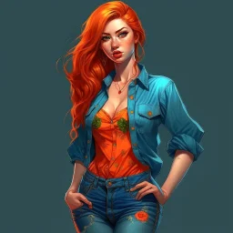 pretty girl, age 28, ginger, conventionally attractive, colourful clothes, realism, jeans, sexy, curvy