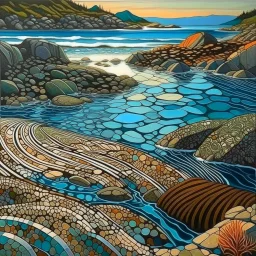 Pacific coastal tidal pools. Modifiers: fantastic view Ivan Bilibin patchwork minimalism Igor Dubovoy Yossi Kotler deeply saturated colour Alice Bailly Dramatic light and shadows mercury glass patina Svetlana Gadjieva Dark metallic tones, burnished patina clearly outlined linear forms with graceful curves Sweeping lines, bold shapes, abstracted v