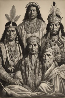 From left to right, from Portraits of Four Indian Kings of Canada by John Simon: Etow Oh Koam, King of the River Nation; a Ga Yeath Pieth Tow, King of the Maquas; Tee Yee Neen Ho Ga Row, Emperour of the Six Nations; Ho Nee Yeath Taw No Row, King of the Generethgarich, via Wikimedia Commons