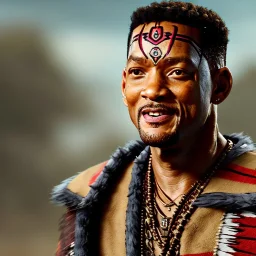 ein perfektes bild von will smith als azteke,kopf portrait,realistic, indianer,gesichtsbemalung, perfect face, sharp focus, woods, kostüm, häuptling, federn,