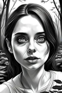 beautiful woman with big eyes and lips, black and white, sorrow emotions fantasy scene sitting in nature hyper-realistic drawing