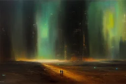 planet, space, modern cyberpunk city, arid land, epic, philip wilson steer impressionism painting