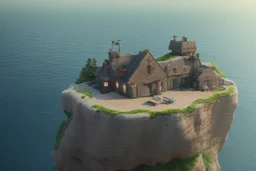 house on top of a cliff shot from high birdeye view with shark sticking out of the side of the house like an impossible fate