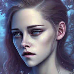 Kristen Stewart, karlan, icy blue, anime, mutated human,tears, crying, sad, fae, majestic, ominous, ice, plants, wildflower, facepaint, intricate, oil on canvas, masterpiece, expert, insanely detailed, 4k resolution, retroanime style, cute big circular reflective eyes, cinematic smooth, intricate detail , soft smooth lighting, soft pastel colors, painted Rena