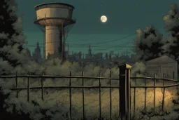 night, watertower, overgrown apocalyptic city background, comic book, fence