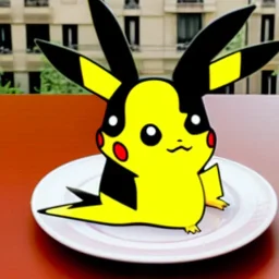 A pikachu fine dining with a view to the Eiffel Tower