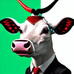 A cow wearing a suit and tie