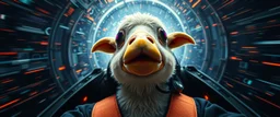 hyper sonic space warp crash pilot ,weird experiment gone wrong perspective close up portrait of dj sheep smug duck pilot looking down on cam, with background in the style of escher and giger, a chill contrapunctus fugue in the style of fsol, beethoven, goa trance breaks, dancefloor drum and bass,