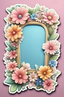 Sticker featuring a charming 3D cartoon frame surrounded by a beautiful arrangement of flowers. The background is clean and blank, allowing the flowers to be the center of attention, creating a stunning and eye-catching image.