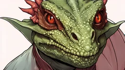 Generate a dungeons and dragons character portrait of the face of a Male lizardvolk rouge with chameleon eyes and a lose armor