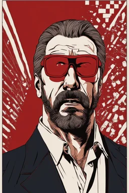 a tough looking, angry Hans Gruber wearing solid red glasses