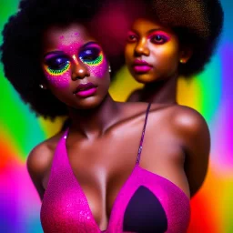 full body shot, masterpiece, best quality, family of three, dark skinned, sparkling eyes, fluorescent skin, colorful makeup, afro, highly detailed body, sun light, 4K, RAW, depth of field, high contrast, realistic details, 24mm