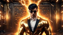 Hyper Realistic handsome muscular Electric-Superhero with short-black-hair wearing long-fancy-golden-tuxedo & fancy-sunglasses in a dark-rustic-circuit-room with electric-sparks-&-rays & a massive circuit-board-wall with-glowing-embers showing dramatic & cinematic ambiance.