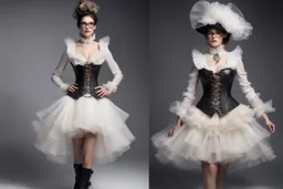 Корсет и юбка: Корсет из кожи или плотной ткани, украшенный металлическими элементами, в сочетании с многослойной юбкой из органзы или тюля. Блузка с рюшами: Легкая блузка с длинными рукавами и рюшами, дополненная жилетом с карманами и металлическими застежками. Аксессуары: Головной убор в виде цилиндра или шляпы с шестеренками, очки с увеличительными линзами, перчатки из кожи или сетки. Обувь: Высокие ботинки на платформе или с пряжками, украшенные