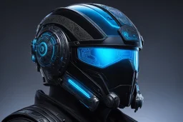 A man wears a black glass Cyberpunk helmet , full helmet cover , Changshan, black and blue color, cyberpunk drawing style, neon, intricate details, highly detailed, high details, detailed portrait, masterpiece,ultra detailed, ultra quality