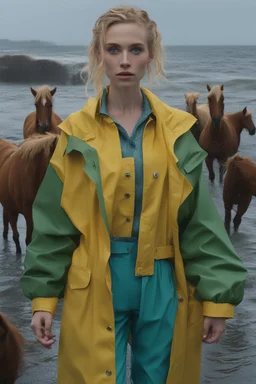 In the music video, a 23-year-old woman with blonde hair and bright blue eyes stands in the sea, se has a bun. Dressed in a yellow fisherman's jacket and green rainpants. She holds an umbrella, but it offers no protection from the pouring rain. Around her, heavy horses are moving. The rain is pouring heavily. She is standing in the middle of the sea. You can see here completely. Horses only the girl and horses, i wanna see the horses dancing around her. NOT SEXY!! horses not sexy!!!!!