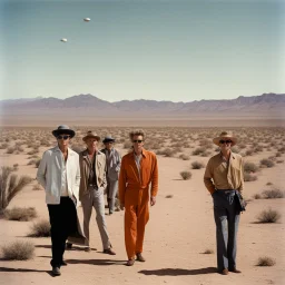 Archival color photograph of aliens landing at Area 51 and meeting James Dean in jaunty desert garb