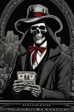 ultra high image quality, Grim Reaper, WEARING A 3 PIECE SUIT, POSED FOR DOLLAR BILL PORTRAIT, LINE TONE, WSJ STYLE, HEDCUT, Close-up of an set against AMOLED-worthy pure black backdrop, fantasy art style infused with filter, tailored for vertical wallpaper, exclusive design with no duplicates, radiating beauty suitable for a PC screen image, vivid colors, ultra fine, digital painting.