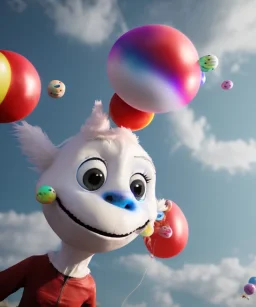 Ultra realistic speed clouds sky scene, wide angle view, child falling down with many Children background, inflatable monsters, circus dress style, feather color, free jumping flying, many trinkets, hair monster, many jelly beans, balls, color smoke, smile, happy, extreme, wind, clouds sea, 20,000 feet altitude, stratosphere, soft color, highly detailed, unreal engine 5, ray tracing, RTX, lumen lighting, ultra detail, volumetric lighting, 3d, finely drawn, high definition.