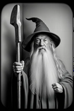 Gandalf with crowbar taking serie of BW photos inside photo booth.