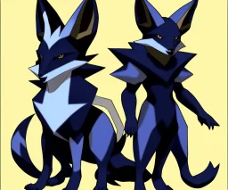 Dark type and fighting type legendary pokemon. Anubis-like fox. black and dark blue colored fur. Egypyopn elements. Bipedal.