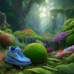 pixar style, volumetric summer garden environment and background, realistic painting of sneaker, looking excited, volumetric lighting, dramatic lighting, detailed digital painting, extreme dense and fine fur, anime, ornate, colour-washed colors, elegant, small minutiae, tiny features, particulars, centered, smooth, sharp focus, renderman gofur render, 8k, uhd, detailed eyes, realistic shaded volumetric lighting, sunlight caustics, backlight, centered camera view