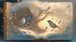 an art book with an illustration of birds in the tree and flowers, in the style of light silver and light amber, whimsical dreamscapes, american scene painting, aerial view, whimsical animals, snow scenes, glistening