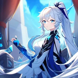 Clear focus, 8k, beautiful lighting, vibrant colors, girl, white long hair, vibrant blue eyes, messy hair, ponytail, honkai impact 3 outfit