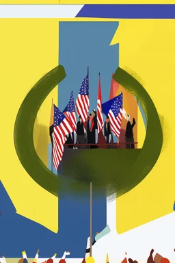 People waving flags while listening to a speech