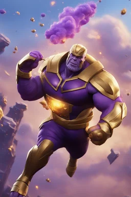 Create a picture of thanos falling from the skye to a pit animated like fortnite