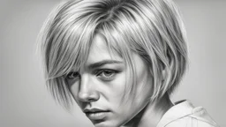 Black and white pencil sketch of 1990s blonde short hairstyle, tears, crying, photorealism, 3d, 64k, high resolution, hyperrealism, f/16, 1/300s.