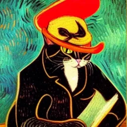 oil portrait of a cat with hat reading a book and smoking a wooden pipe by Van Gogh 8k