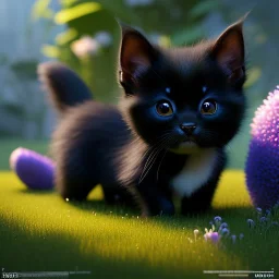 pixar style, volumetric garden environment and background, realistic painting of a cute midget black kitten laying on the ground, looking excited, detailed digital painting, extreme dense and fine fur, anime, ornate, colour-washed colors, elegant, small minutiae, tiny features, particulars, centered, smooth, sharp focus, renderman gofur render, 8k, uhd, detailed eyes, realistic shaded volumetric lighting, sunlight caustics, backlight, centered camera view