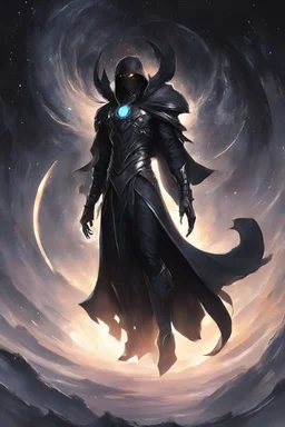 character design, concept art, god of black hole, space void black hole god entity, black void body, glowing eyes, cape of stars, black hole character design