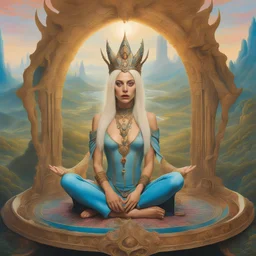 art by Patrick Woodroffe in the style of Salvador Dali, muted psychedelic colors, Lady Gaga as an elf queen, seated in lotus position, in an elven kingdom, HD 4K ultra high resolution, photo-real accurate