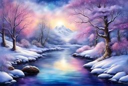 Pencil drawing fully colored, satin digital painting, Beautiful Winter River Scenery, Coquette Style, blue and shimmering light lila and Pink color settings, 3D png saved, soft clean and smooth aquarelle effect, highly detailed, hyper realistic, intricate detail, white background, Josephine Wall Style art